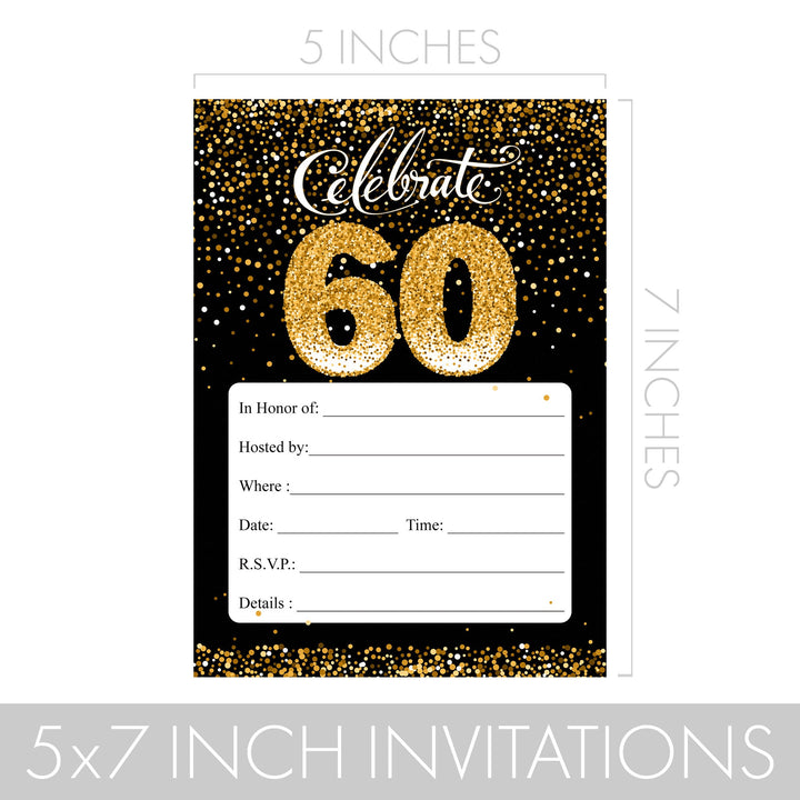 60.º cumpleaños: Tarjetas de invitación en negro y dorado con sobres - Cumpleaños para adultos - Paquete de 10