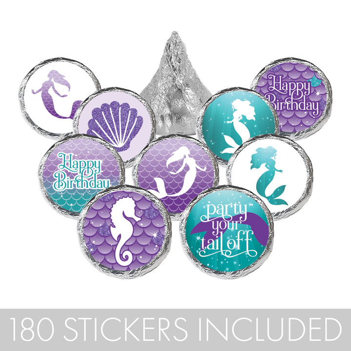 Mermaid: Party Your Tail Off - Kid's Birthday -   Round Candy Sticker Favors - Labels Fit Hershey's Kisses - 180 Stickers