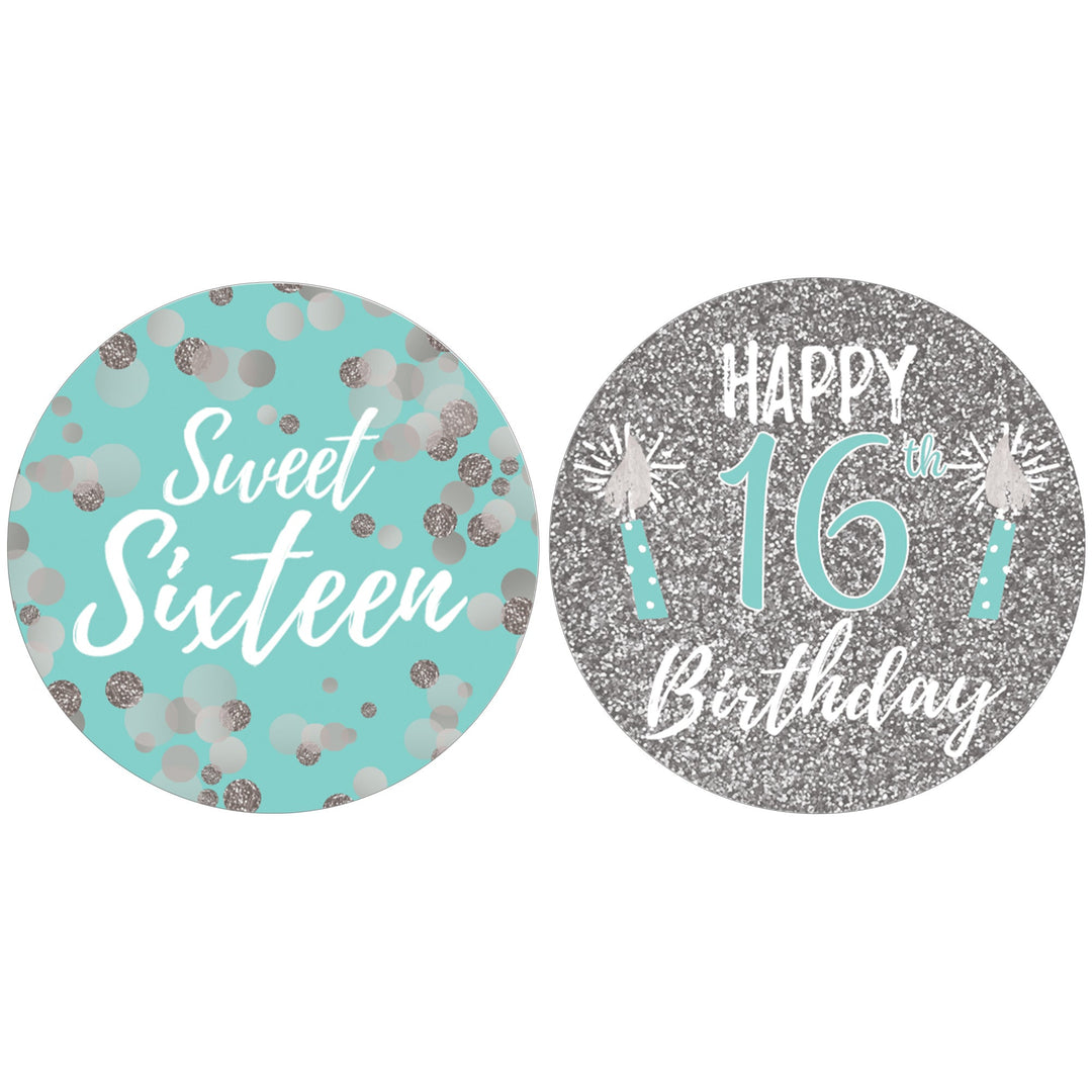 Sweet 16: Teal & Silver - Birthday Party Favor Stickers - 40 Stickers
