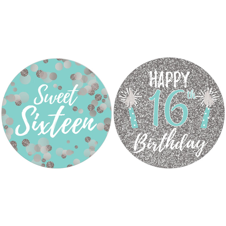 Dulces 16: Verde azulado y plateado - Pegatinas para regalos de fiesta de cumpleaños - 40 pegatinas