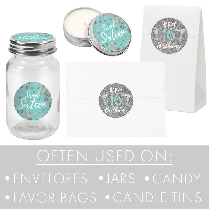 Sweet 16: Teal & Silver - Birthday Party Favor Stickers - 40 Stickers