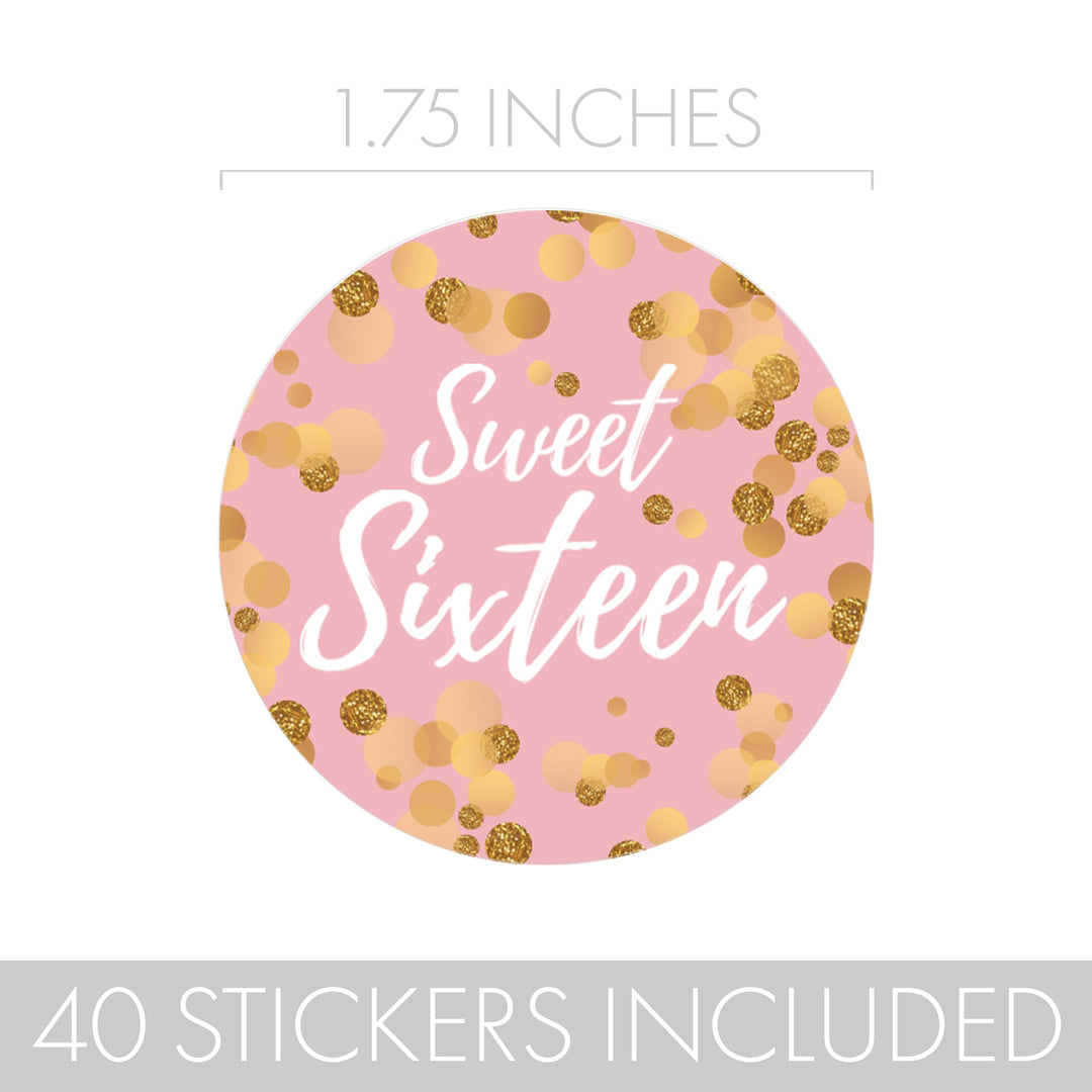 Sweet 16: Pink & Gold - Birthday Party Favor Stickers - 40 Stickers