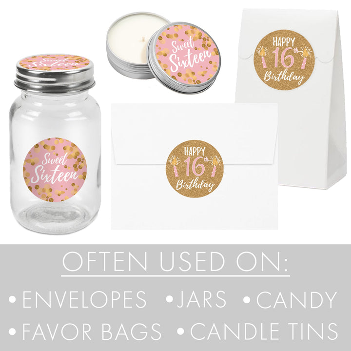 Sweet 16: Pink & Gold - Birthday Party Favor Stickers - 40 Stickers