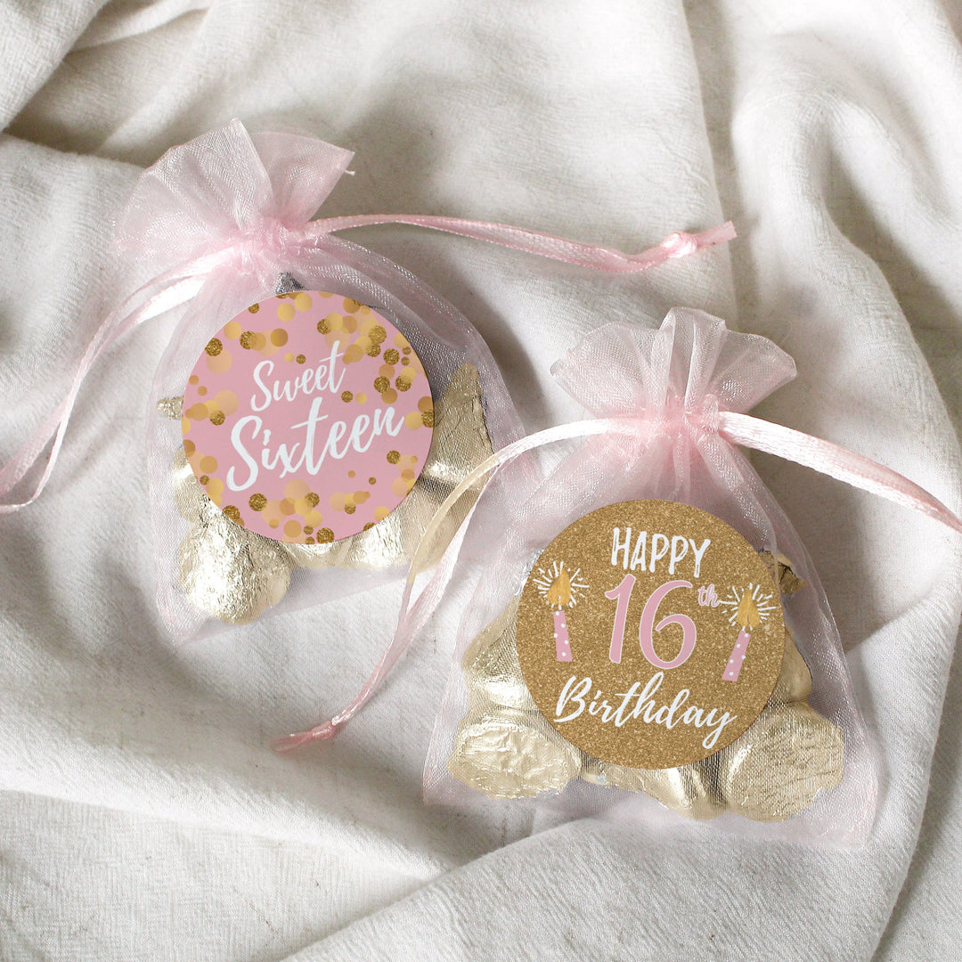 Dulces 16: Rosa y Dorado - Pegatinas para recuerdos de fiesta de cumpleaños - 40 pegatinas