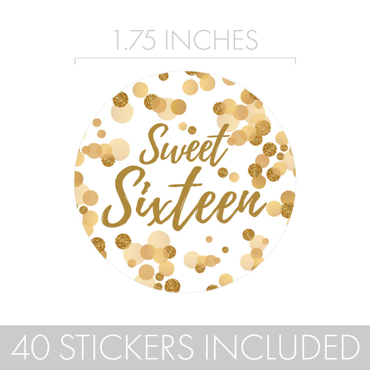 Sweet 16: White & Gold - Birthday Party Favor Stickers - 40 Stickers