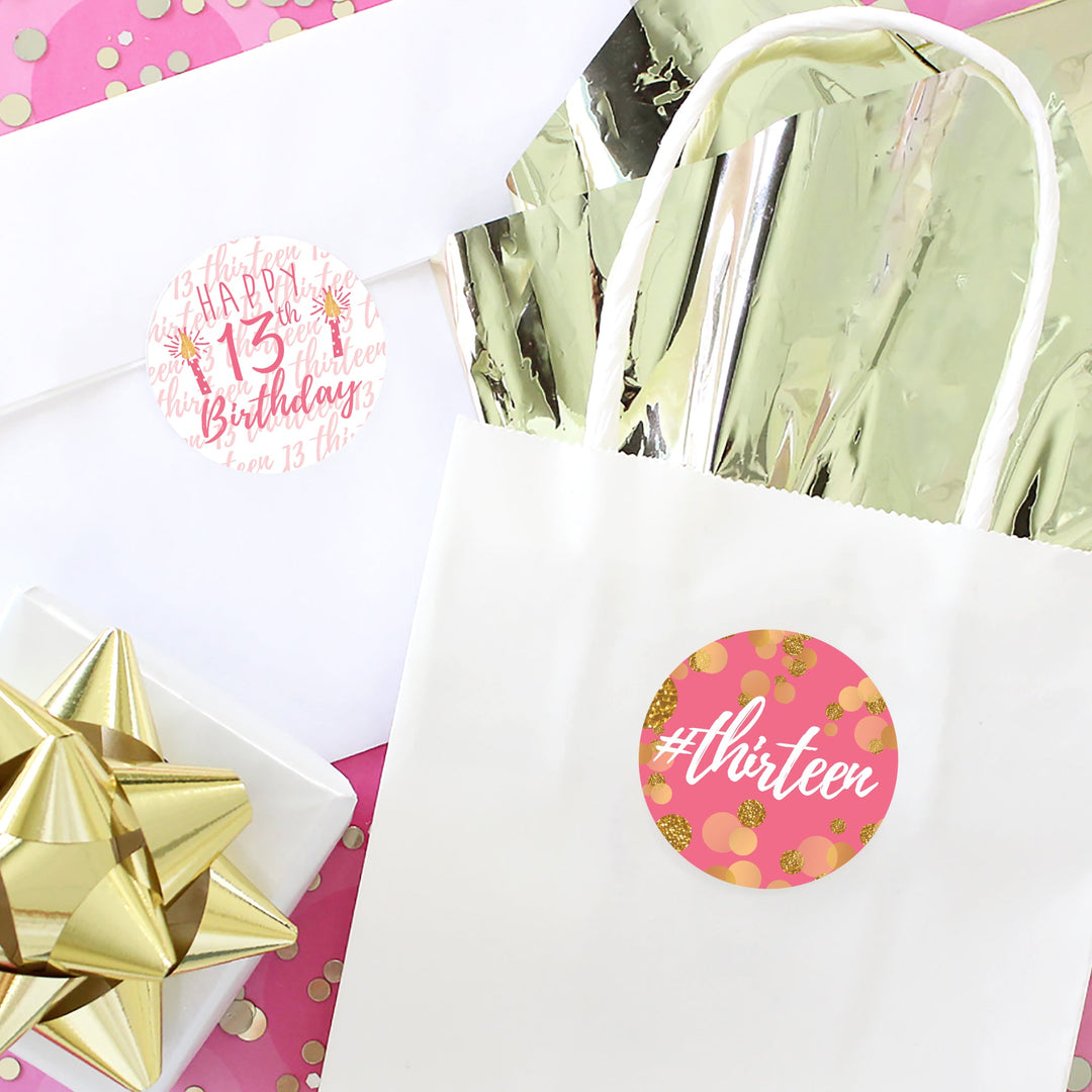 Decimotercer cumpleaños: Confeti dorado rosa y dorado - Etiquetas para regalos de fiesta - 40 pegatinas