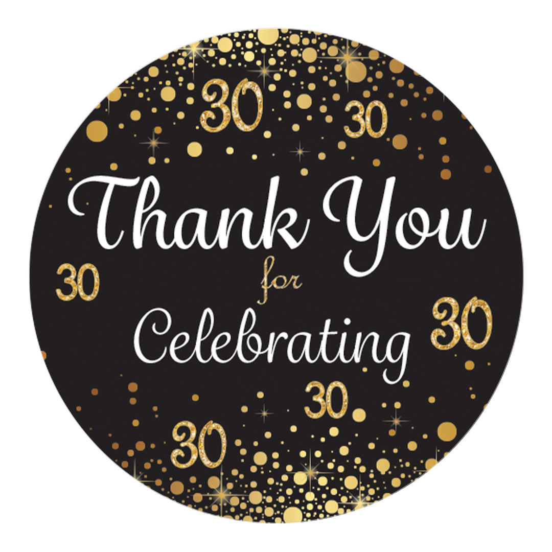 30 cumpleaños: negro y dorado - Cumpleaños de adultos - Pegatinas de agradecimiento - 40 pegatinas