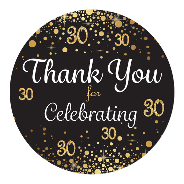 30 cumpleaños: negro y dorado - Cumpleaños de adultos - Pegatinas de agradecimiento - 40 pegatinas