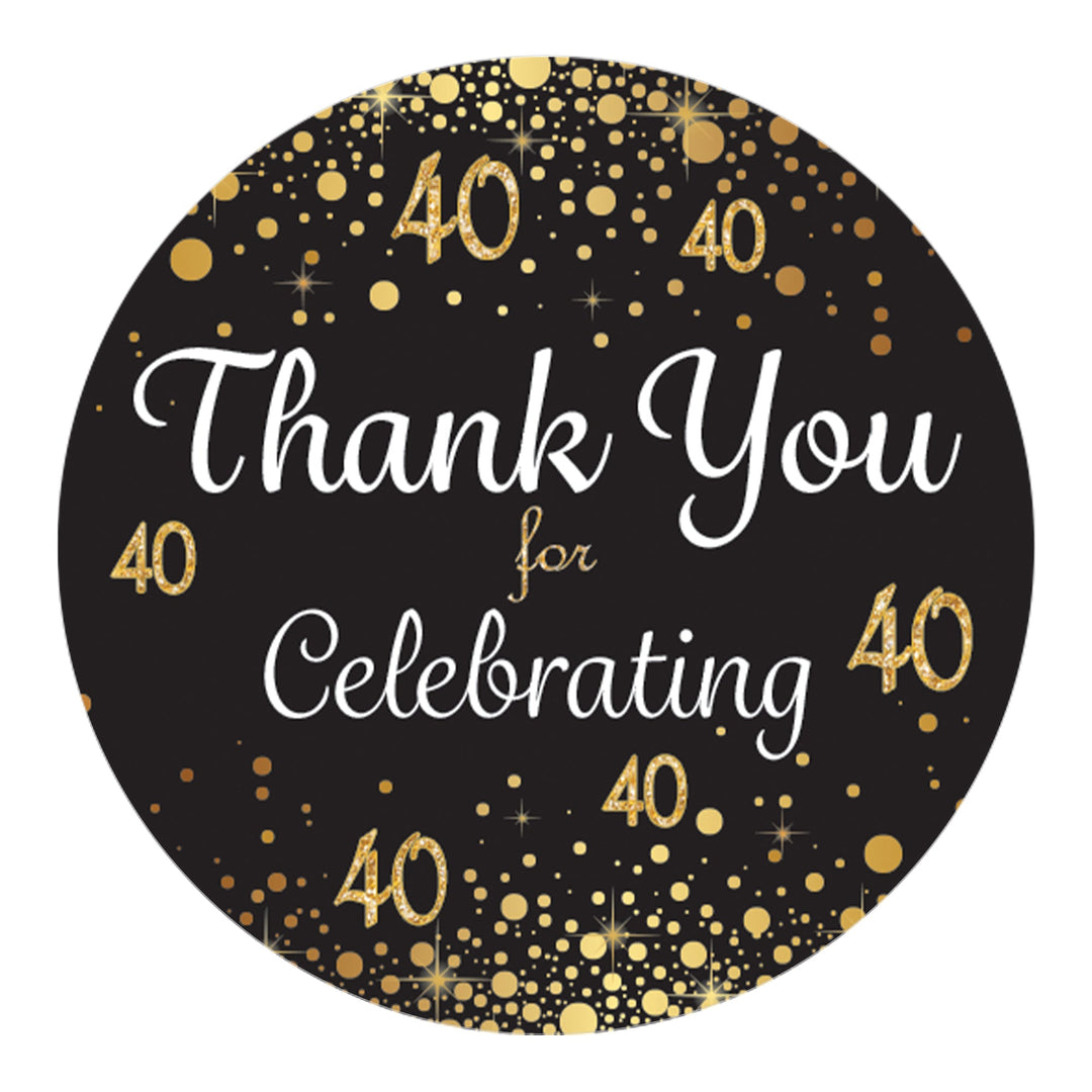 40th Birthday: Black & Gold - Adult Birthday -  Thank You Stickers - 40 Stickers