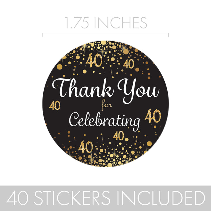 40 cumpleaños: negro y dorado - Cumpleaños de adultos - Pegatinas de agradecimiento - 40 pegatinas