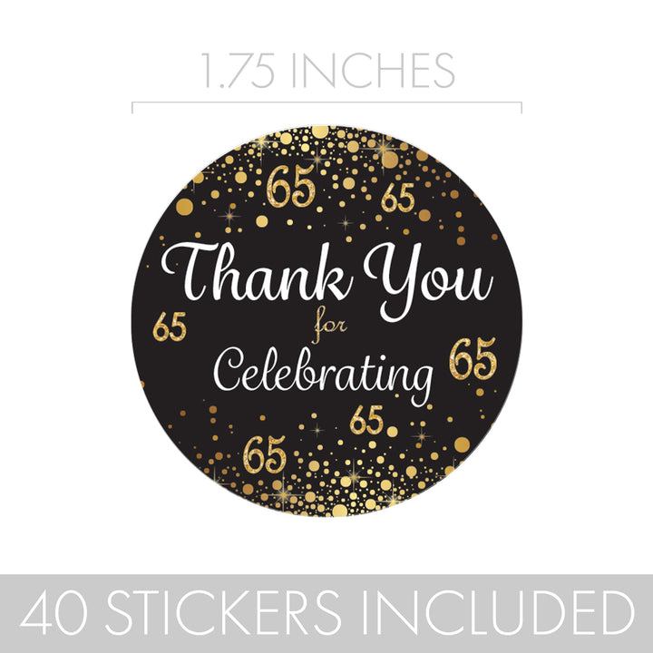65 cumpleaños: negro y dorado - Cumpleaños de adultos - Pegatinas de agradecimiento - 40 pegatinas