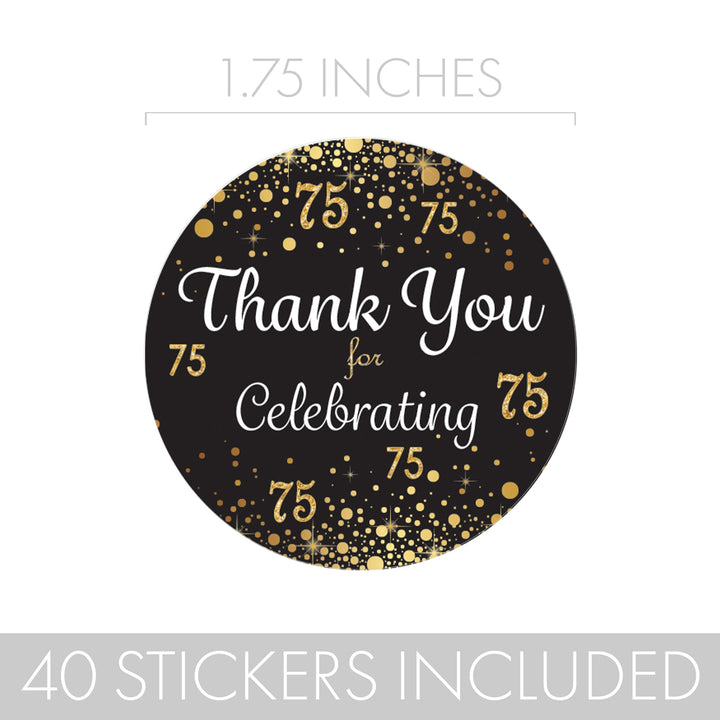 75th Birthday: Black & Gold - Adult Birthday - Thank You Stickers - 40 Stickers