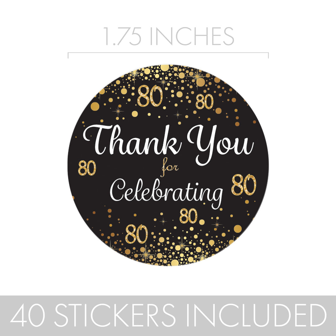 80 cumpleaños: negro y dorado - Cumpleaños de adultos - Pegatinas de agradecimiento - 40 pegatinas