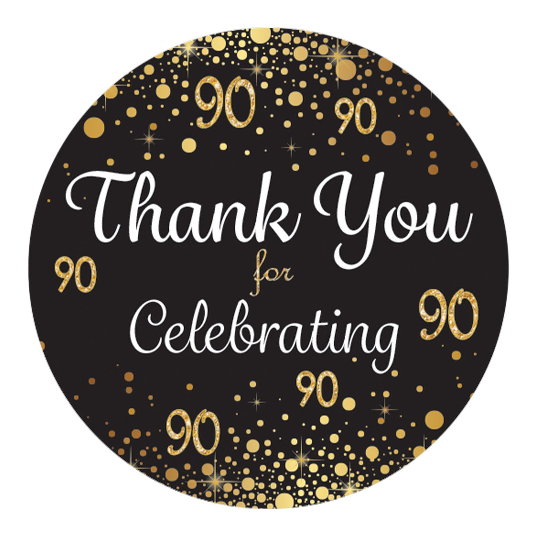 90th Birthday: Black & Gold - Adult Birthday - Thank You Stickers - 40 Stickers