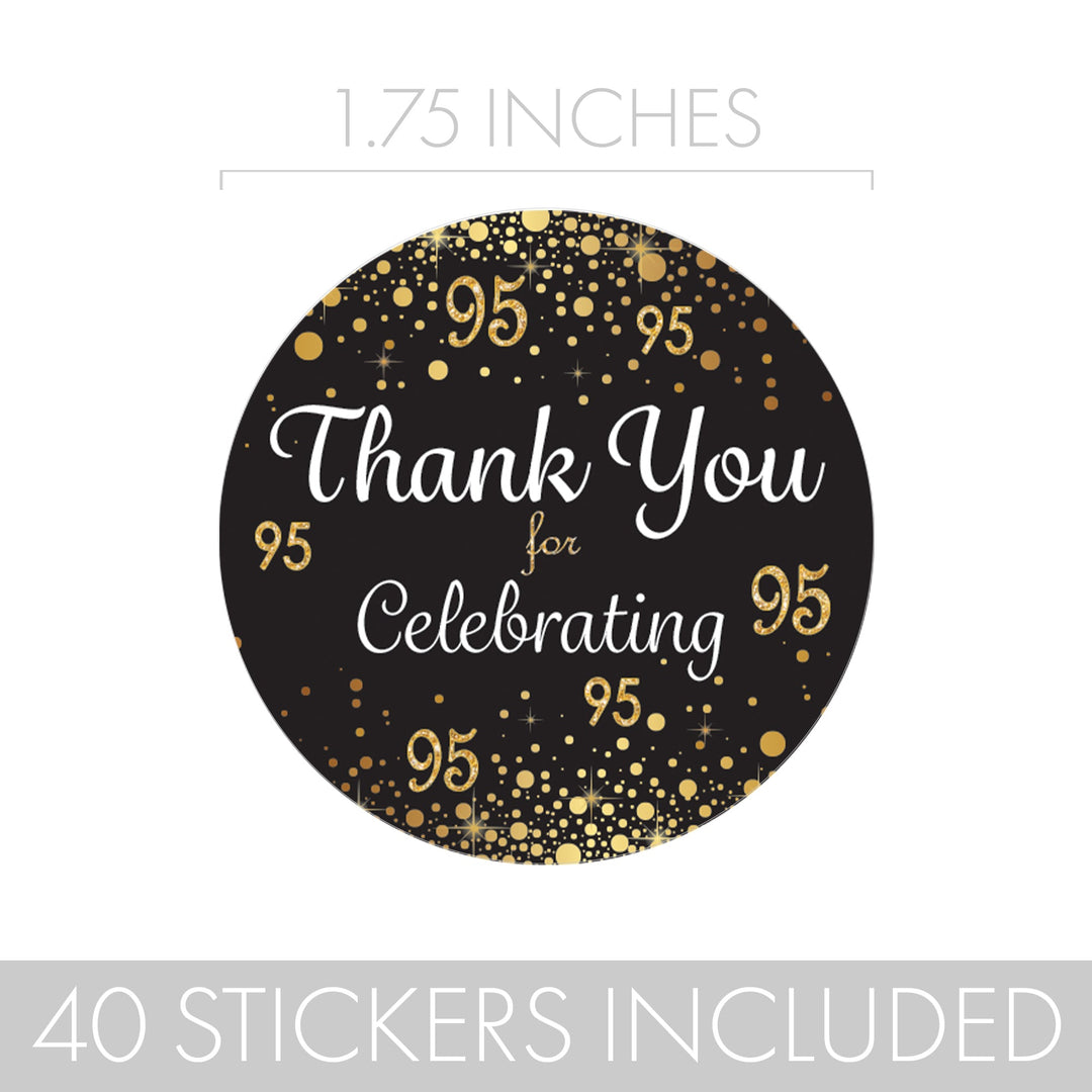 95.º cumpleaños: negro y dorado - Pegatinas para regalos de fiesta - Sellos para sobres - 40 pegatinas