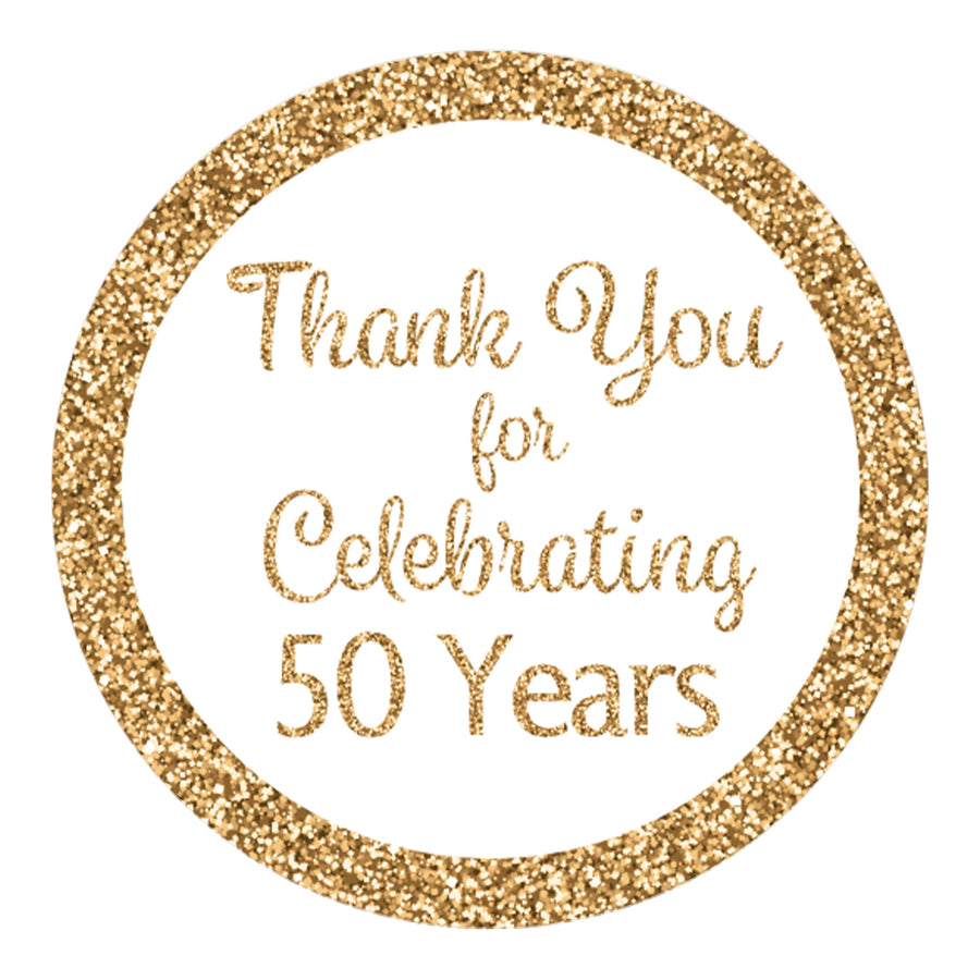 Celebrate 50 years with these elegant white and gold Thank You Stickers 