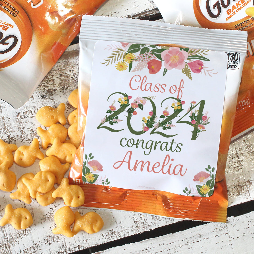 Graduación floral personalizada - Pegatinas para bolsas de chips y bolsas de refrigerios - Paquete de 32 - Nombre y año