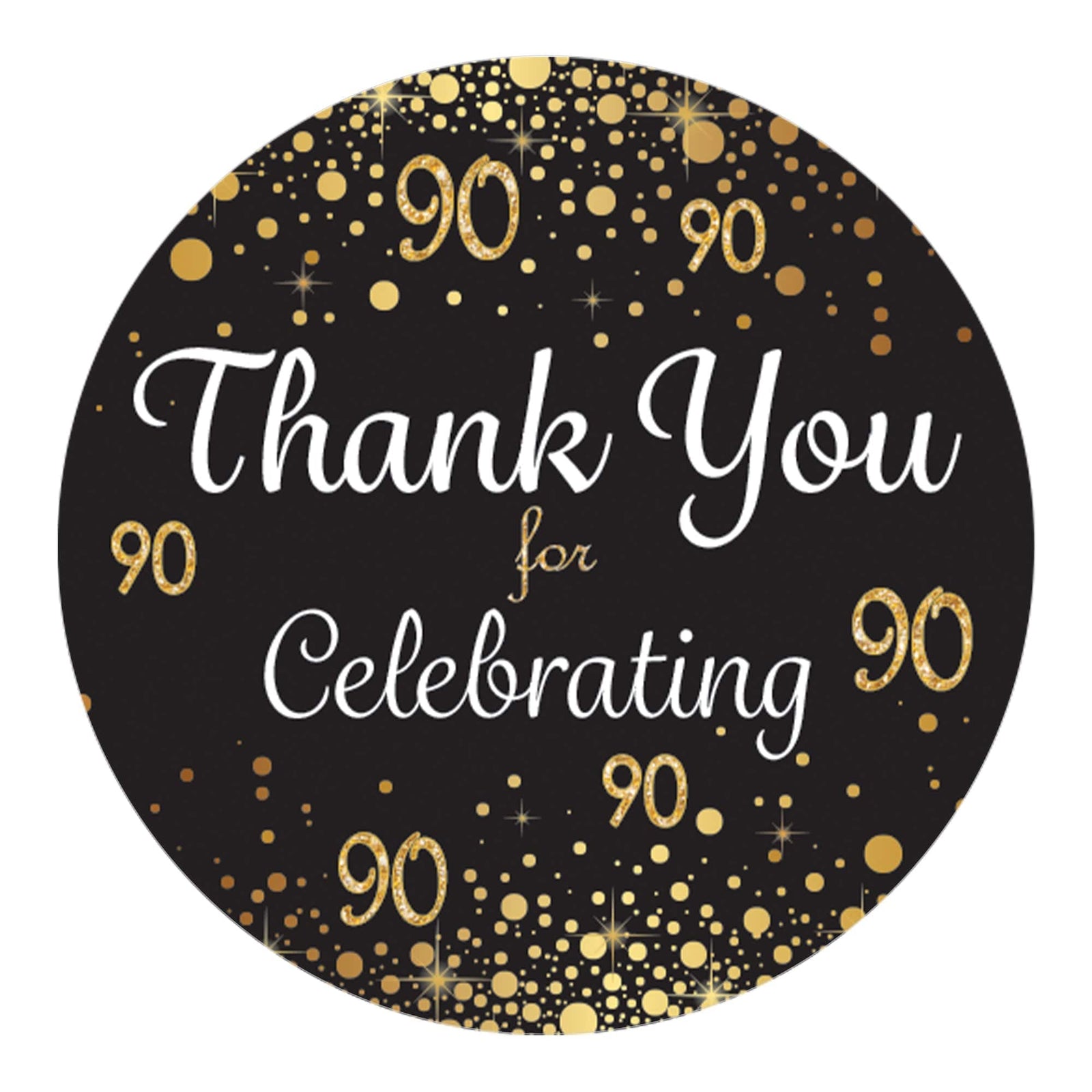 90th Birthday: Black & Gold - Adult Birthday - Thank You Stickers - 40 Stickers - Distinctivs Party