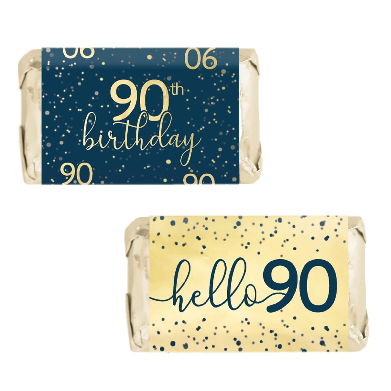 90th Birthday: Navy Blue & Gold - Adult Birthday - Hershey's® Miniatures Candy Bar Wrappers Stickers - Distinctivs Party