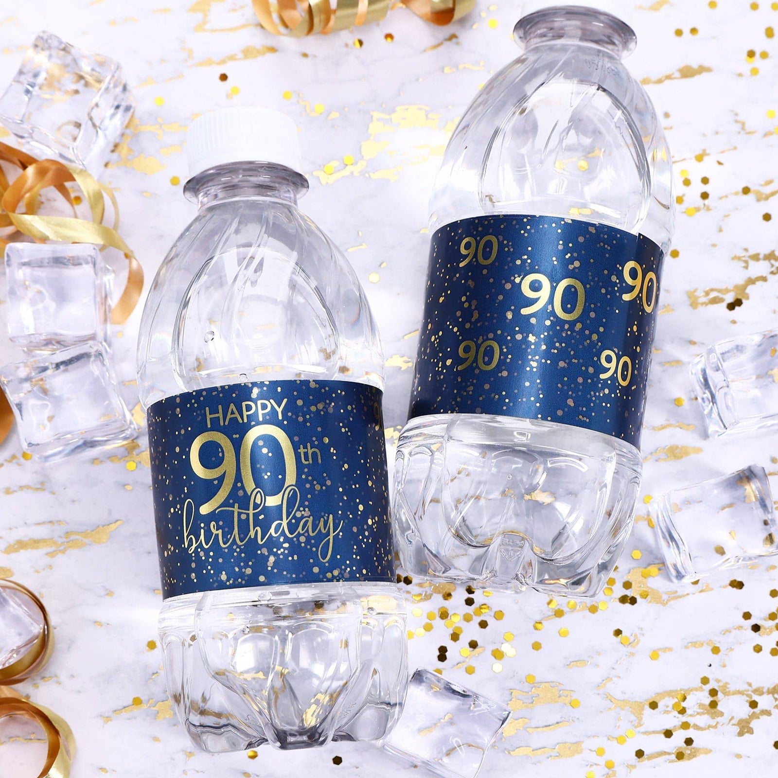 90th Birthday: Navy Blue & Gold - Adult Birthday -  Water Bottle Labels - Distinctivs Party