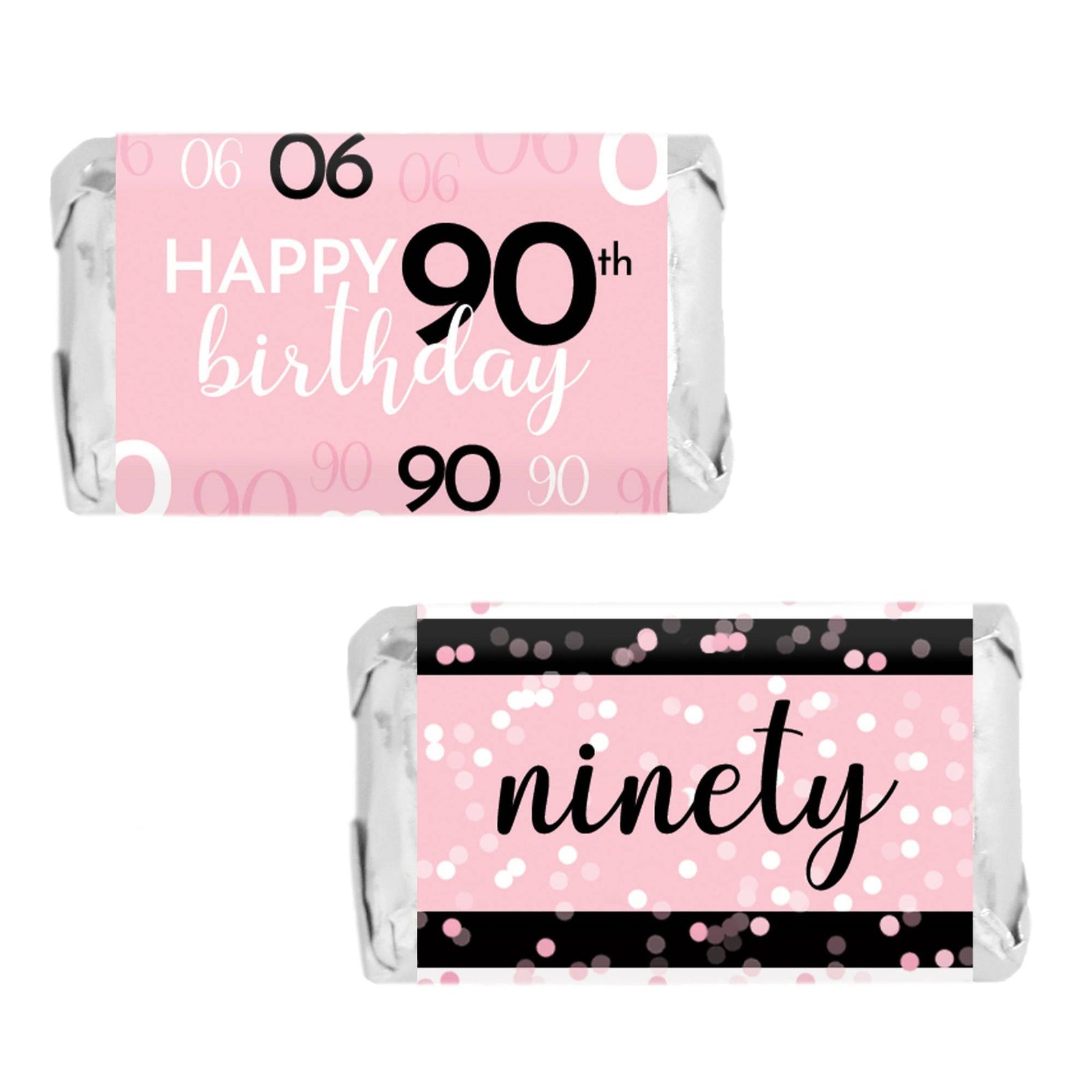90th Birthday: Pink and Black - Adult Birthday - Hershey's Miniatures Candy Bar Wrappers Stickers - 45 Stickers - Distinctivs Party