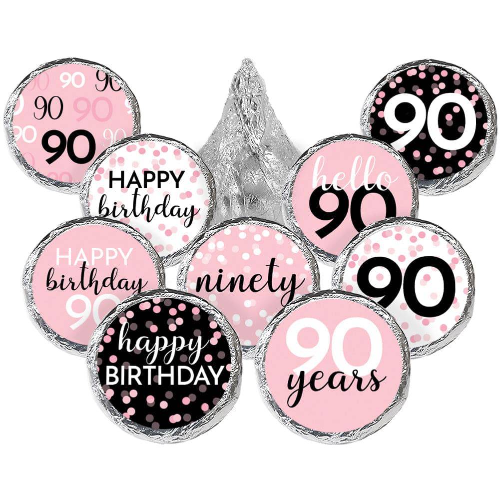 90th Birthday: Pink and Black - Adult Birthday -   Party Favor Stickers - Fits on Hershey's Kisses - 180 Stickers - Distinctivs Party