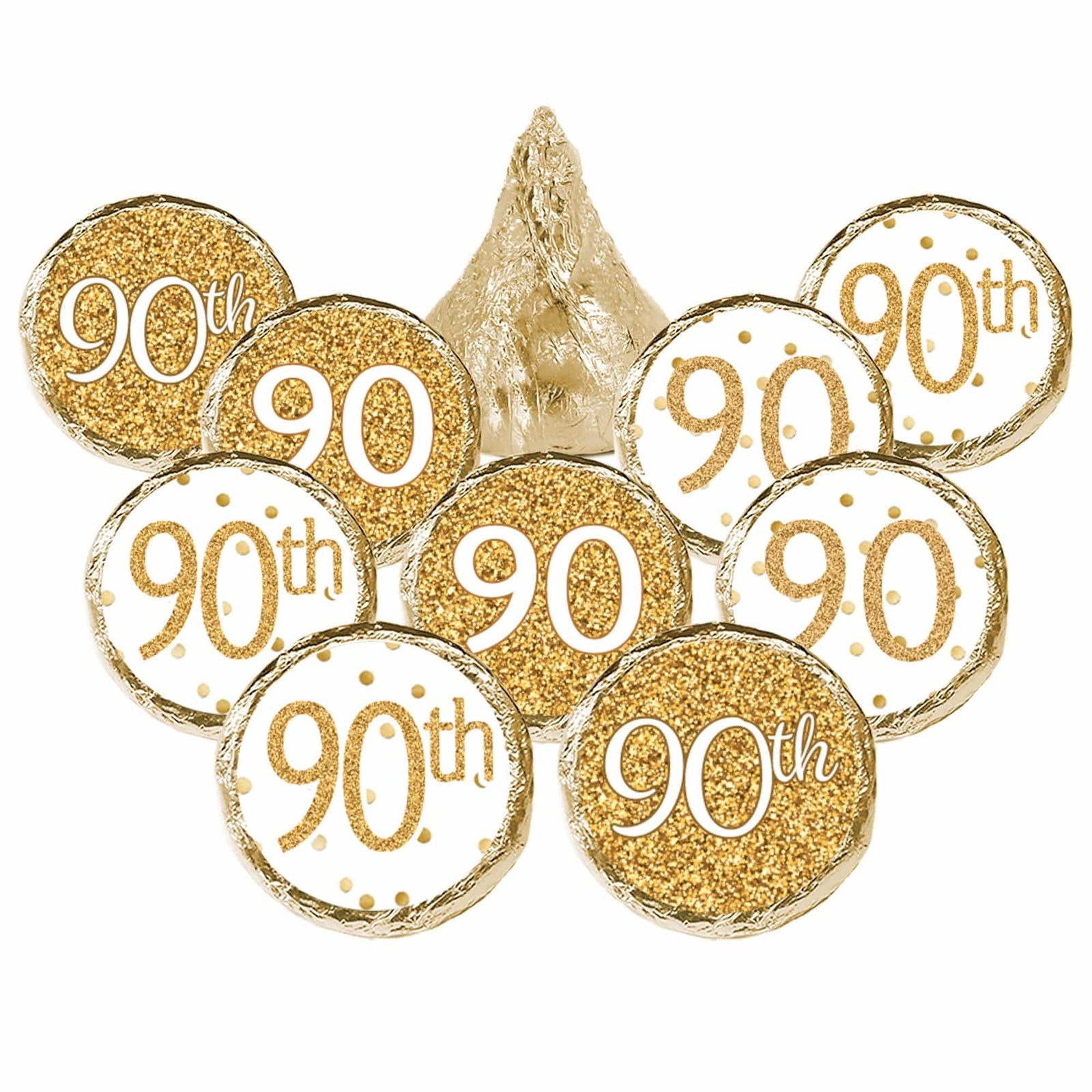 90th Birthday: White and Gold  - Adult Birthday - Party Favor Stickers - Fits on Hershey's Kisses - 180 Stickers - Distinctivs Party