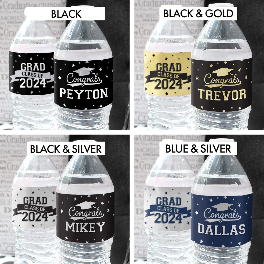 Graduación personalizada: 16 opciones de color - Nombre y año personalizados - Etiquetas para botellas de agua - 24, 100 o 250 pegatinas impermeables