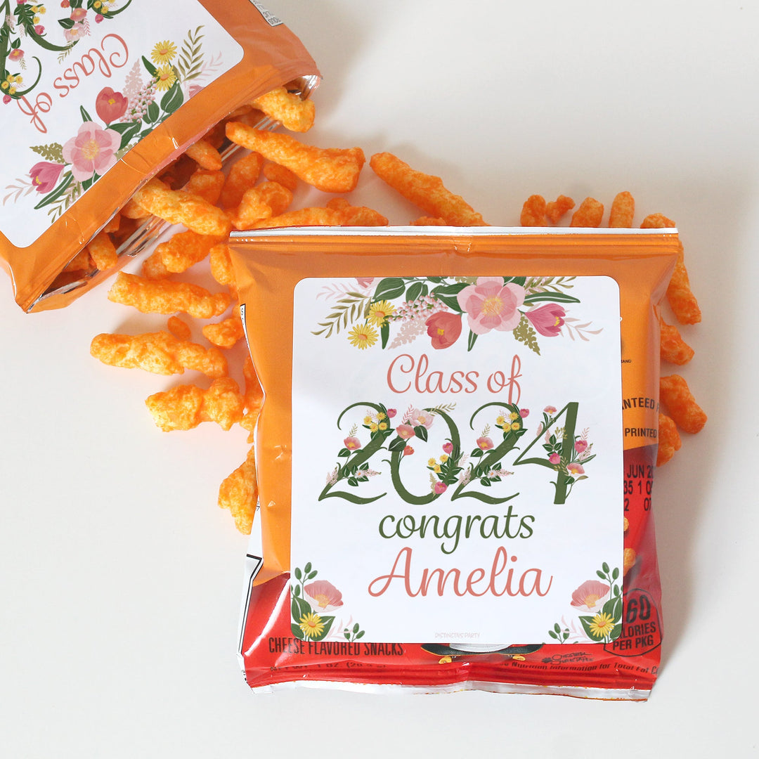 Graduación floral personalizada - Pegatinas para bolsas de chips y bolsas de refrigerios - Paquete de 32 - Nombre y año