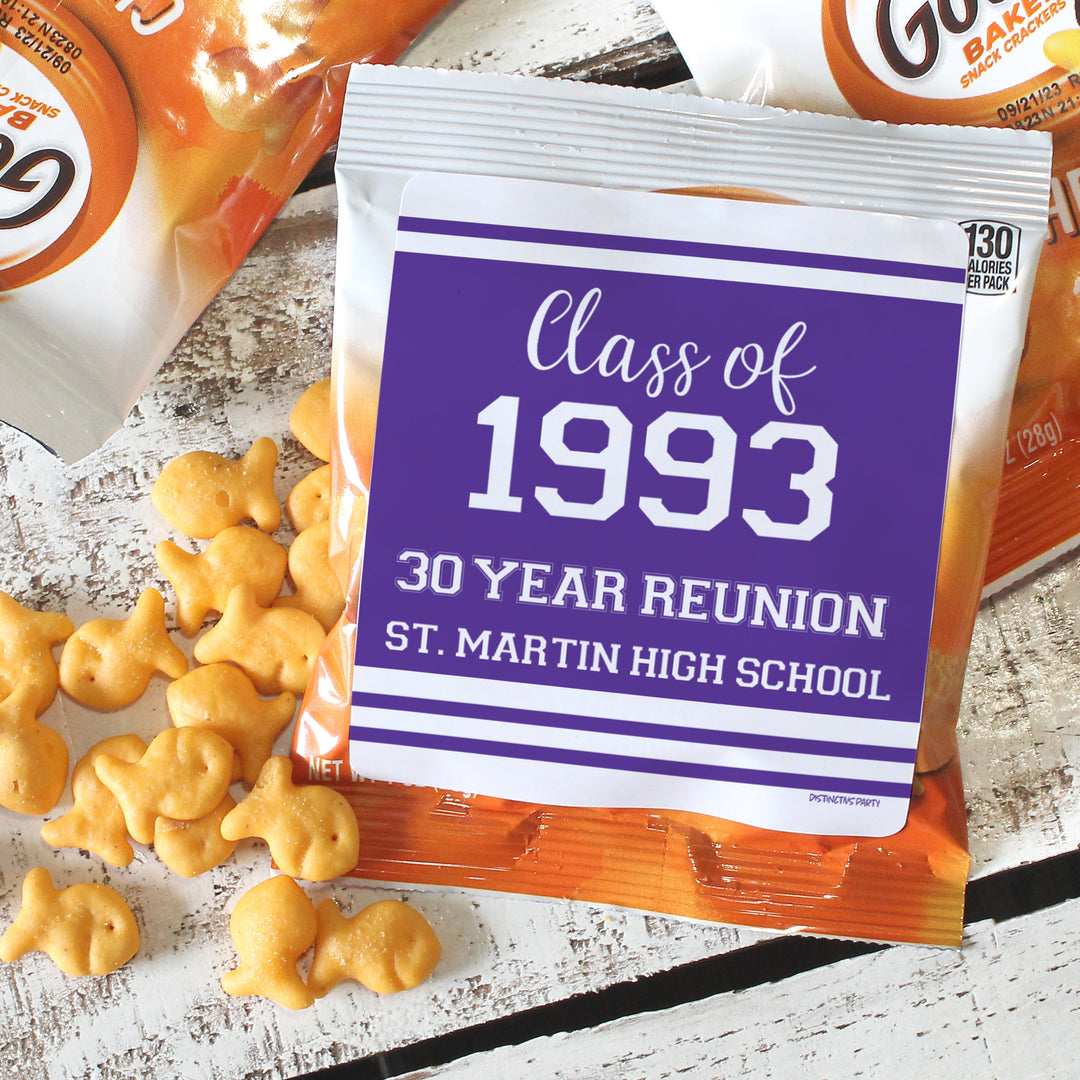 Personalized Class Reunion Chip Bag and Snack Bag Stickers - 32 or 96 Stickers (12 Color Choices)