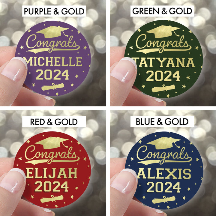 Graduación personalizada: 16 opciones de color - Nombre y año personalizados - Etiquetas de recuerdo de fiesta para sobres, sellos de bolsas - 40, 100 o 250 pegatinas