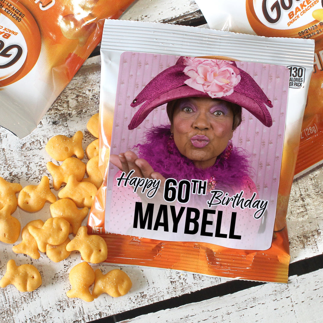 Personalized Birthday: Black - Custom Photo, Age, and Name -  Chip Bag and Snack Bag Stickers - 32 or 96 Stickers