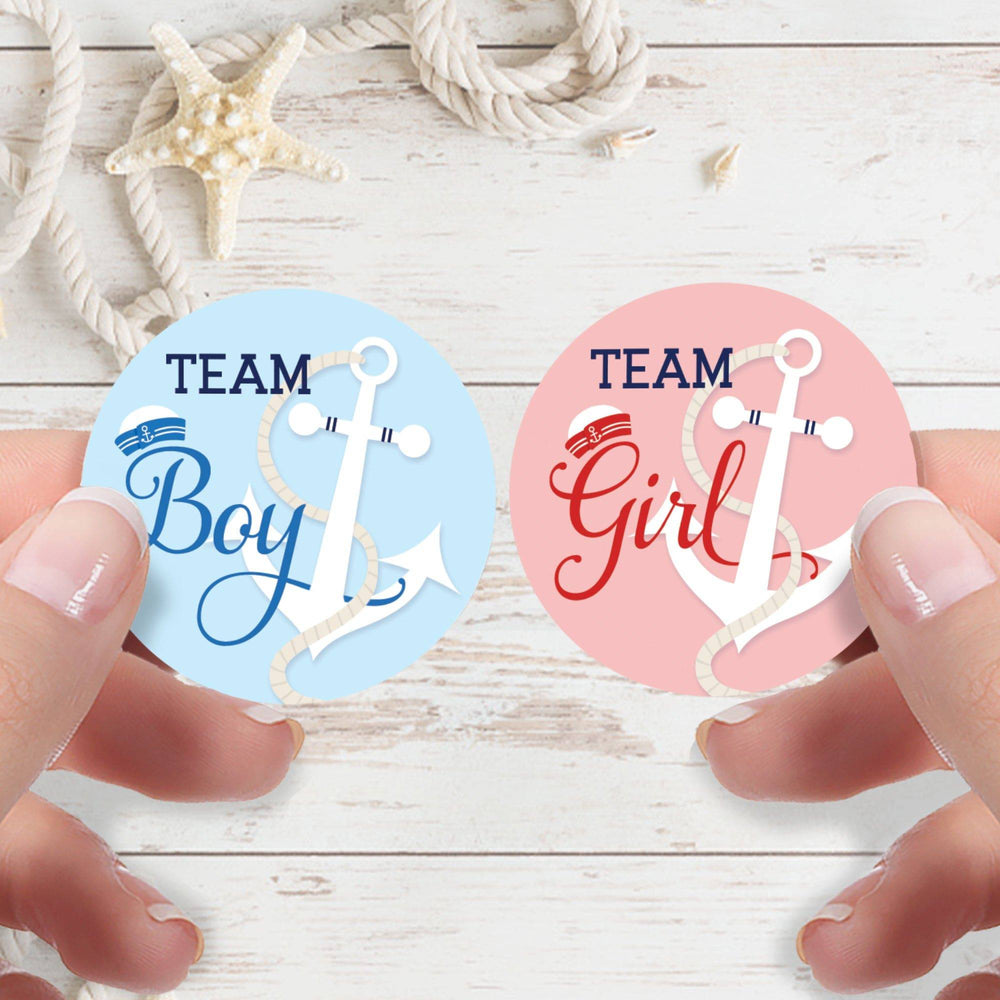 Ahoy Little Sailor: Baby Gender Reveal Party -Team Boy or Team Girl Stickers - 40 Stickers - Distinctivs Party