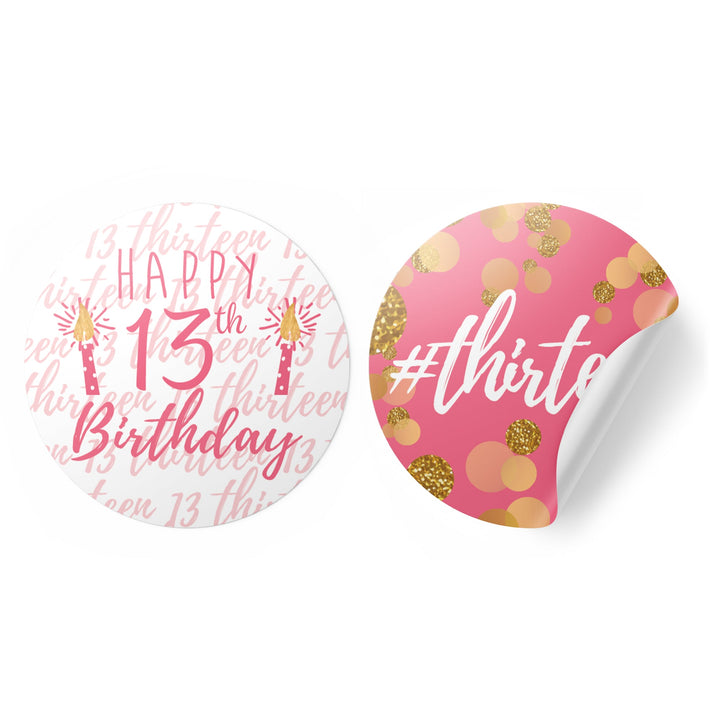 Thirteenth Birthday: Gold Confetti Pink & Gold - Party Favor Labels - 40 Stickers