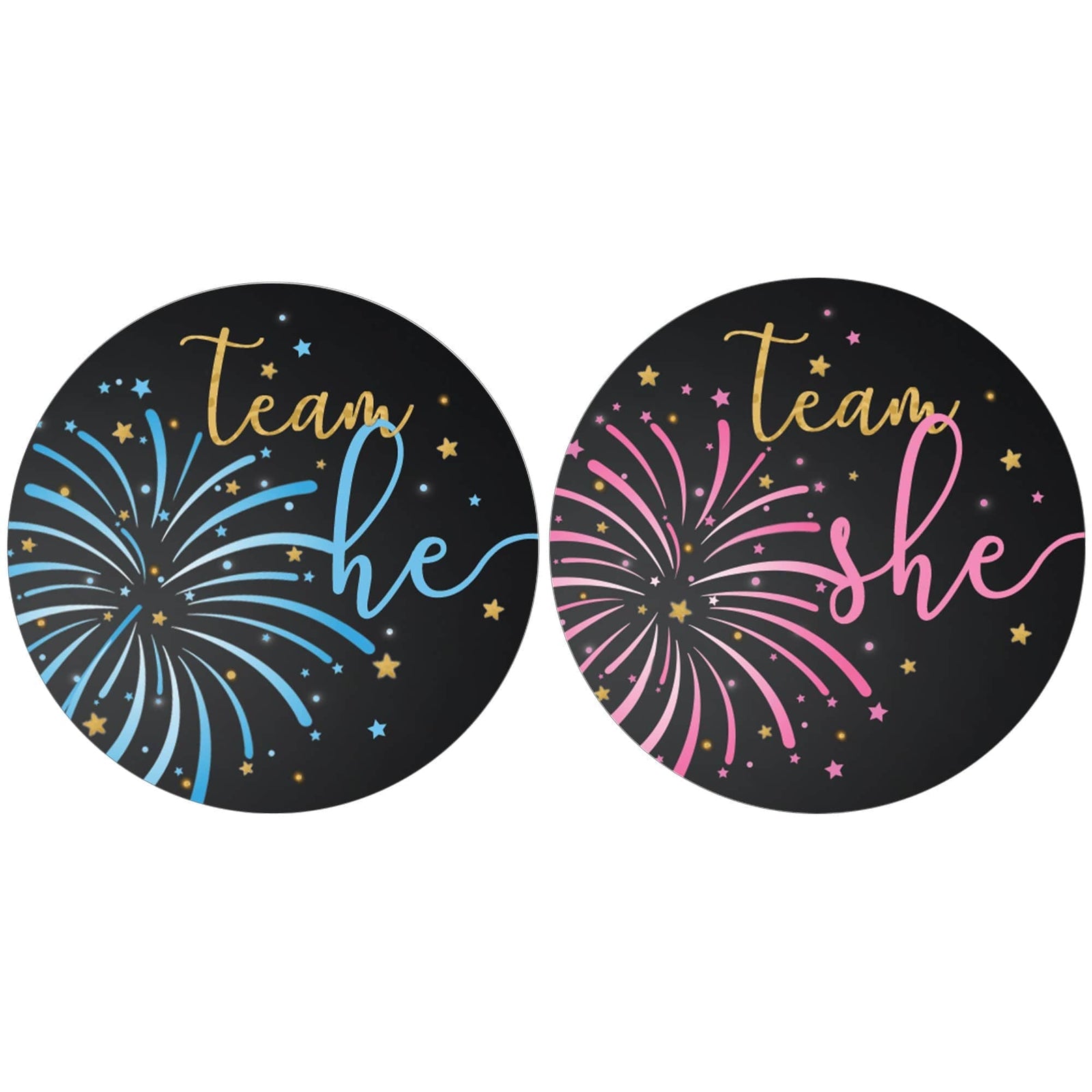 Fireworks Gender Reveal Party -Team He or Team She Stickers - 40 Stickers - Distinctivs Party