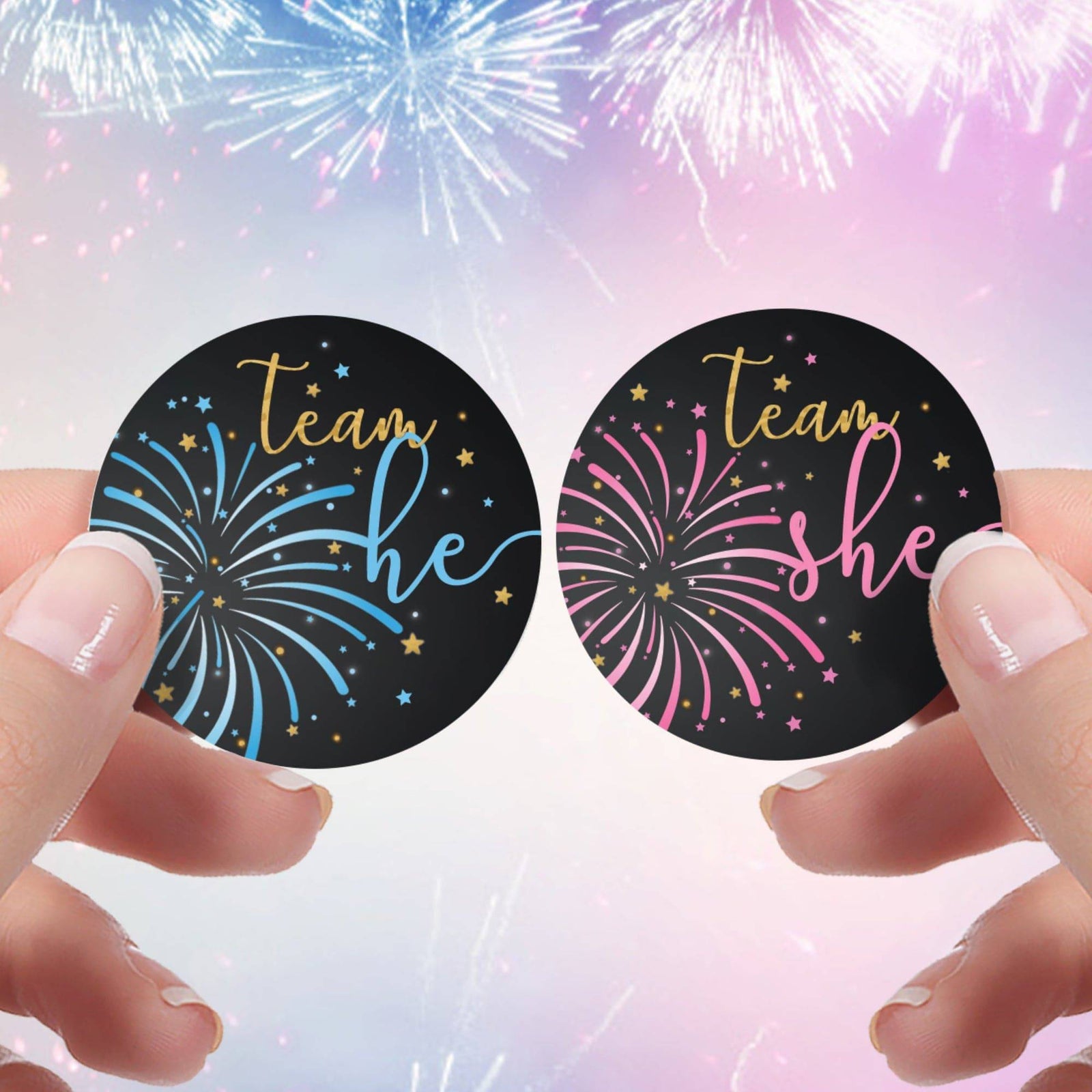 Fireworks Gender Reveal Party -Team He or Team She Stickers - 40 Stickers - Distinctivs Party