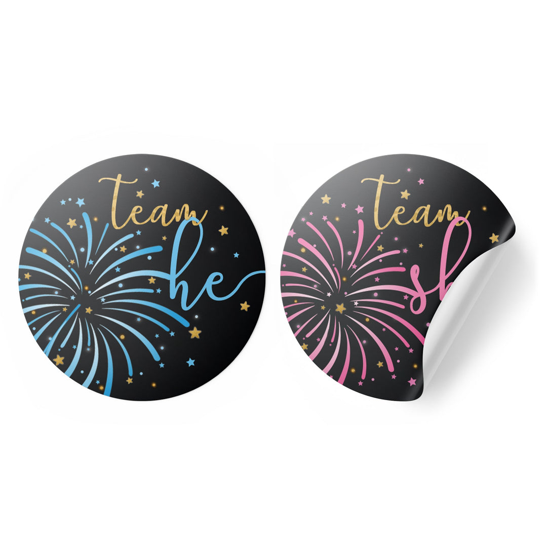 Fireworks Gender Reveal Party -Team He or Team She Stickers - 40 Stickers