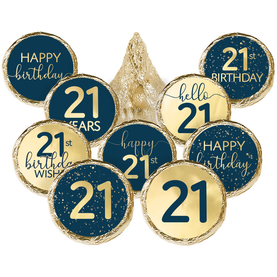 Navy Blue and Gold 21st Birthday Hersheys Kisses Stickers