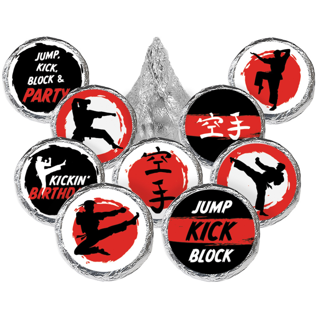 Jump, Kick, Block: Karate -  Kid's Birthday  - Party Favor Stickers - Fits on Hershey's Kisses - 180 Stickers