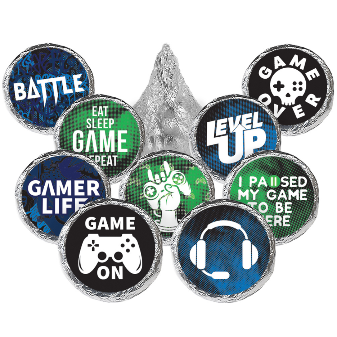 Video Gamer - Kid's Birthday - Party Favor Stickers - Fits on Hershey's Kisses - 180 Stickers