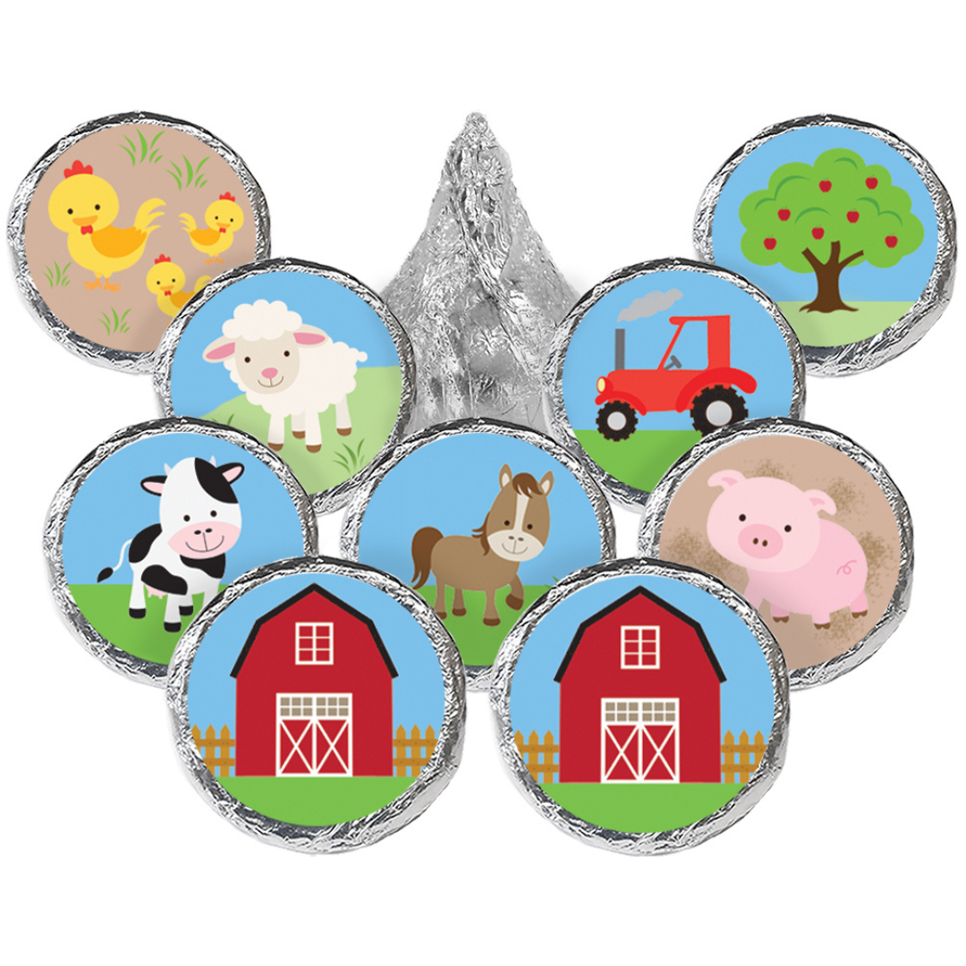 Animales de granja de corral: cumpleaños infantil - Calcomanías redondas para dulces - Se adapta a Hershey's® Kisses - 180 calcomanías