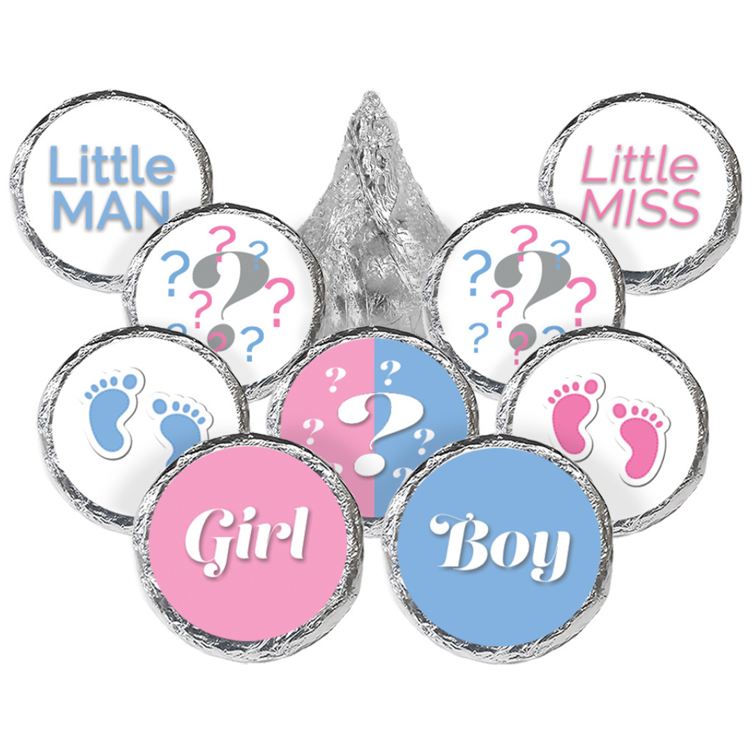 Gender Reveal Party: Little Man or Little Miss - Favor Stickers - Fit on Hershey® Kisses - 180 Stickers