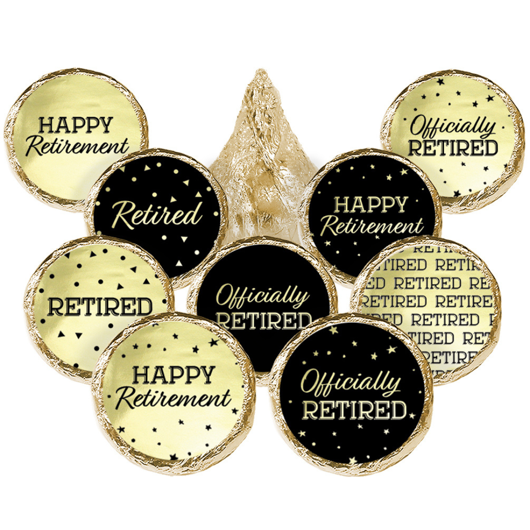 Retirement Party: Black and Gold Shiny Foil - Favor Stickers - Fits on Hershey's Kisses - 180 Stickers