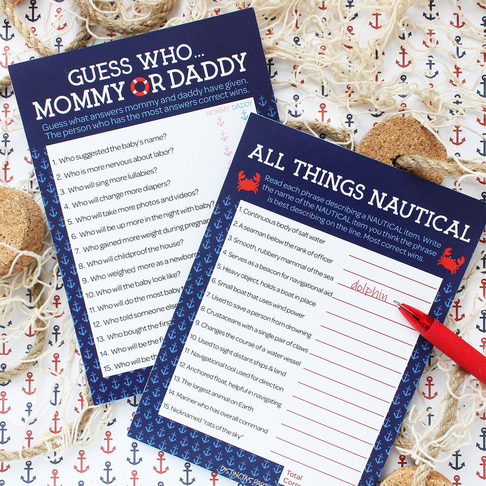 Ahoy It's a Boy: Baby Shower Game - "Guess Who" Mommy or Daddy and All Things Nautical -  Two Game Bundle - 20 Dual Sided Cards - Distinctivs Party