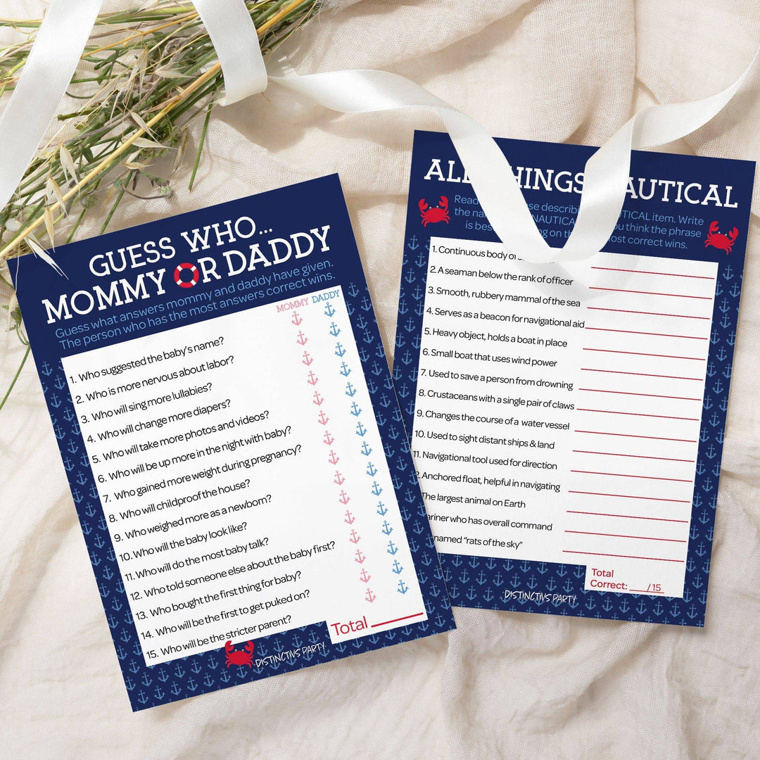 Ahoy It's a Boy: Baby Shower Game - "Guess Who" Mommy or Daddy and All Things Nautical -  Two Game Bundle - 20 Dual Sided Cards