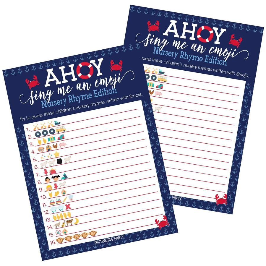 Ahoy it's a Boy: Baby Shower Game -  Nursery Rhyme Emoji Game Cards - 20 Cards - Distinctivs Party