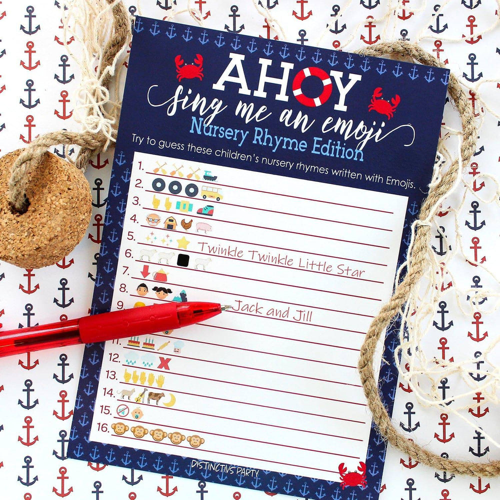 Ahoy it's a Boy: Baby Shower Game -  Nursery Rhyme Emoji Game Cards - 20 Cards - Distinctivs Party