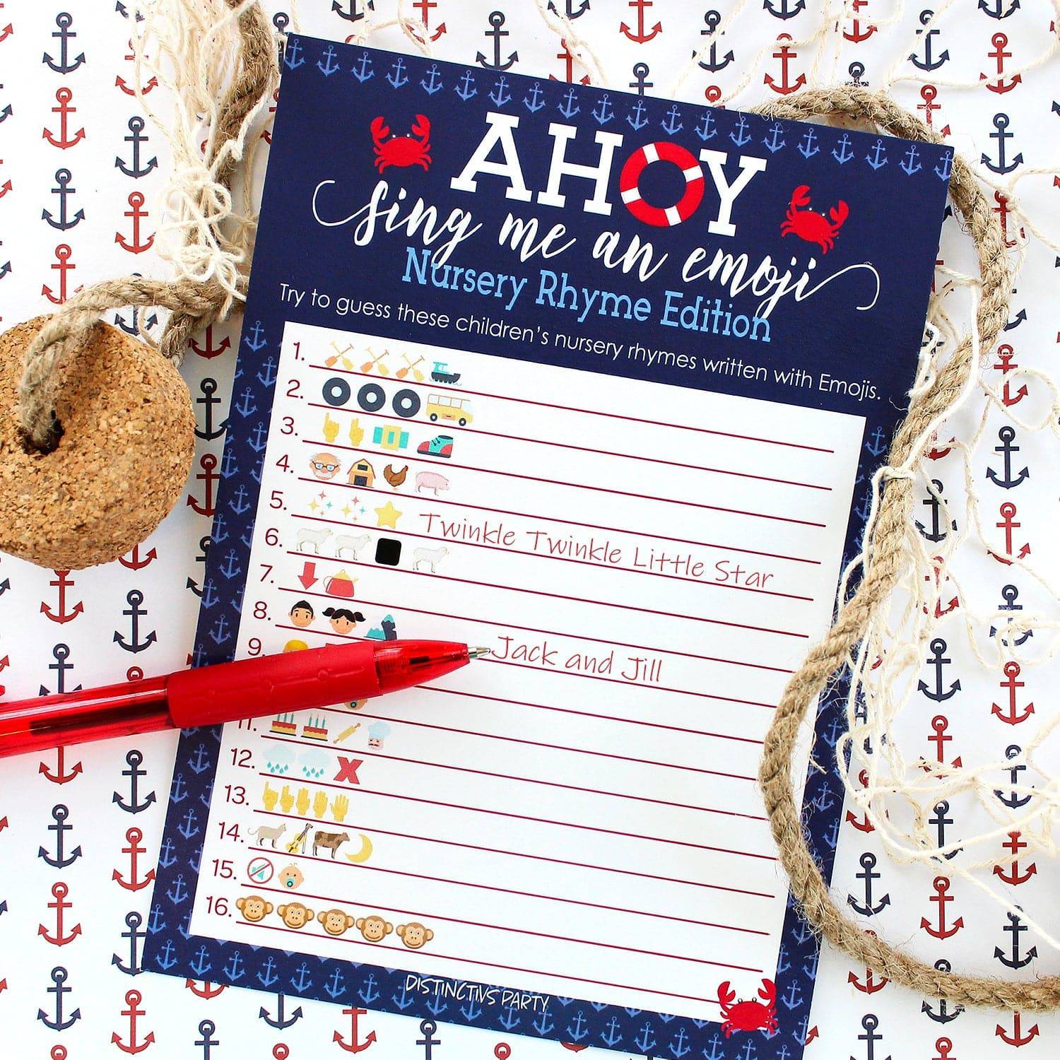 Ahoy it's a Boy: Baby Shower Game -  Nursery Rhyme Emoji Game Cards - 20 Cards - Distinctivs Party
