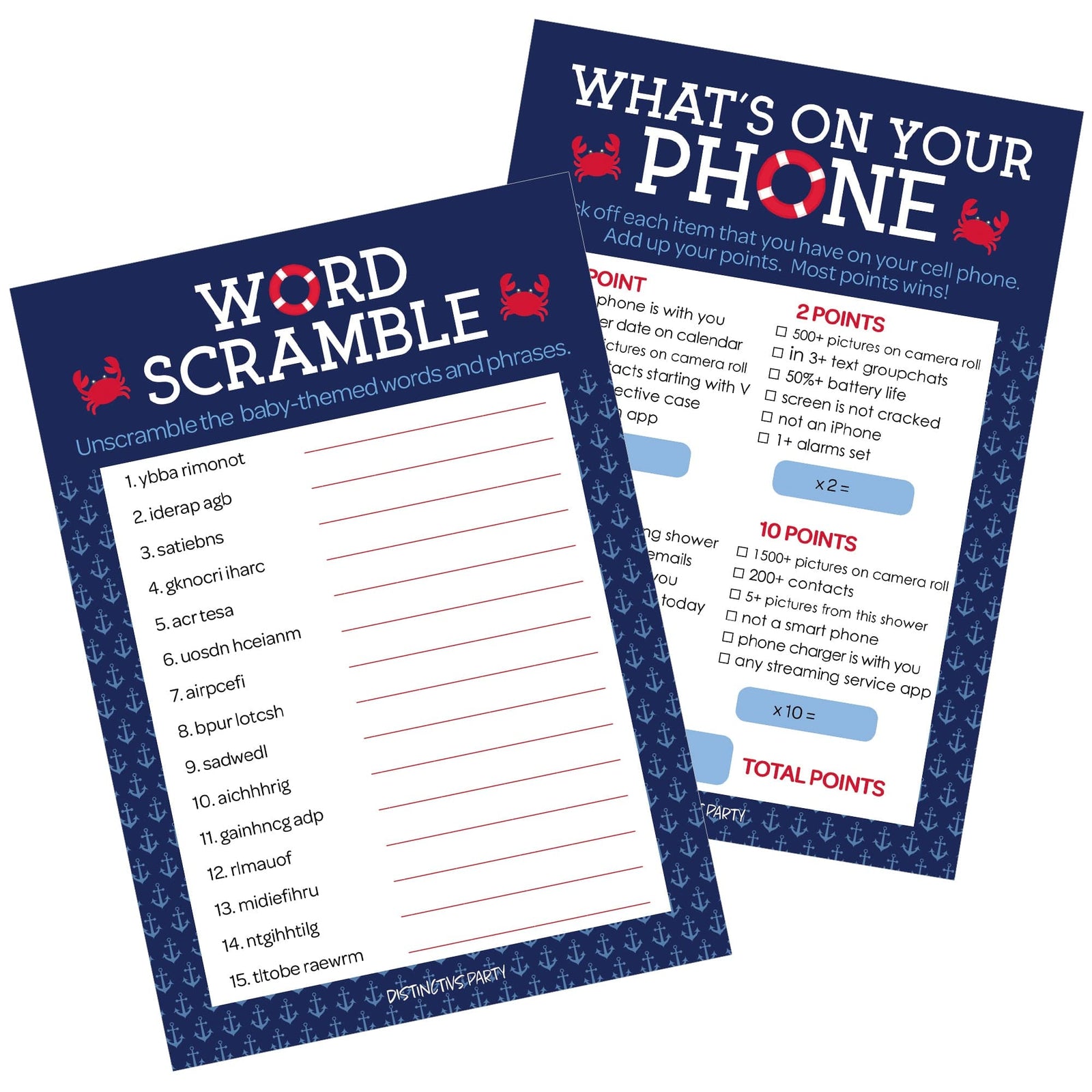Ahoy It's a Boy: Baby Shower Game - What's On Your Phone and Word Scramble - Two Game Bundle -  20 Dual Sided Cards - Distinctivs Party