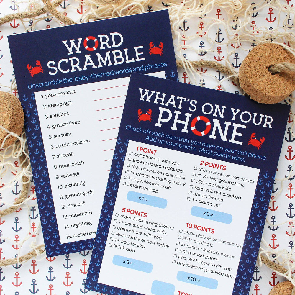 Ahoy It's a Boy Baby Shower 2 Game Bundle - What's On Your Phone and Word Scramble - 20 Dual Sided Cards